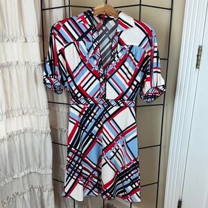 BCBGMaxAzria geometric print v-neck dress in red, blue, black, and white